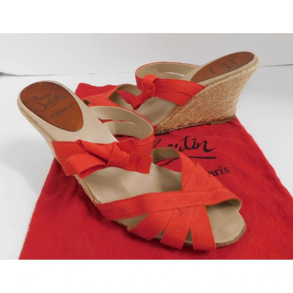 Christian Louboutin Delfin 80 Red Ribbon/Rope Espadrille Sandals Wedge sz 39